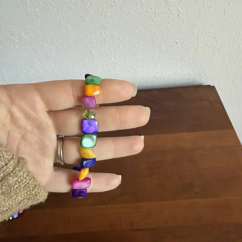 Colorful Stone Beaded Stretch Bracelets Lot of 3 Bright Mixed Gemstone Girlhood